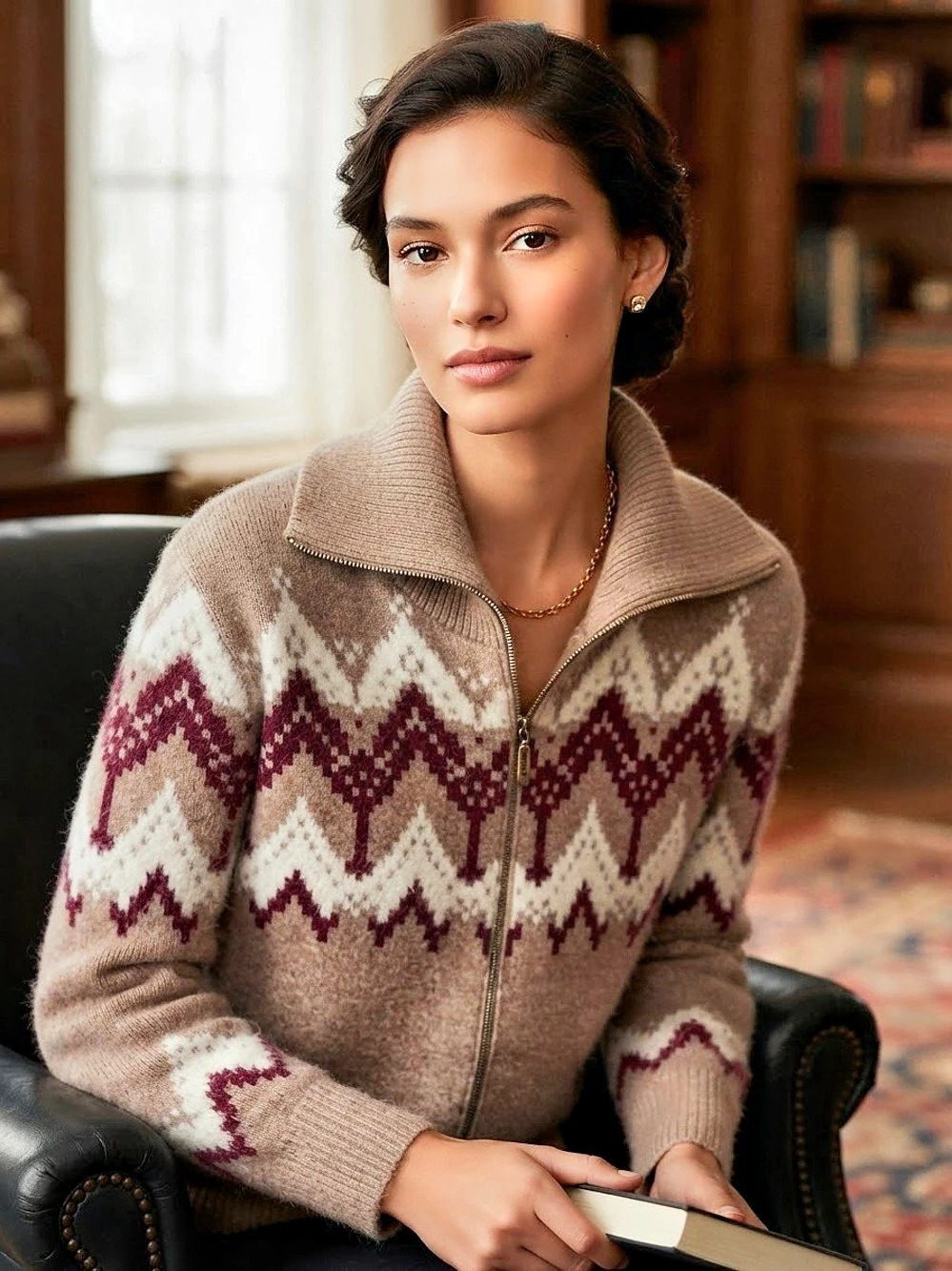 Cynthia Rowley Elegantly Cozy Super Soft Fuzzy Women's Geometric Zip Sweater XS